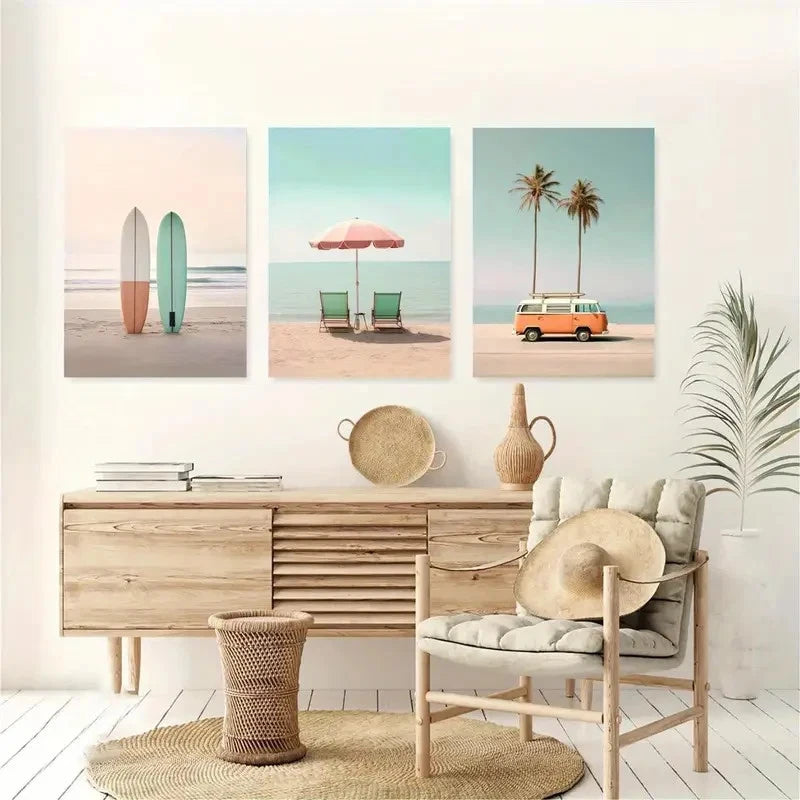 3pcs Surfing Beach Art Painting Metal Print Ready to Hang Art