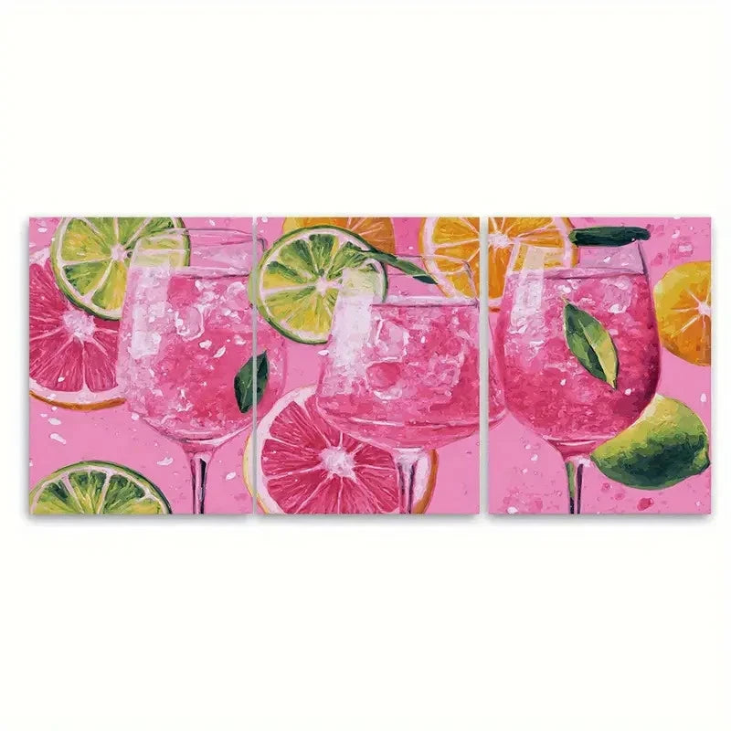 3pcs Retro Bar Cart Cosmopolitan Drink Wall Art Set Canvas Framed 40x60cm - High Quality Print 100% Australian Made Wall Canvas Ready to Hang
