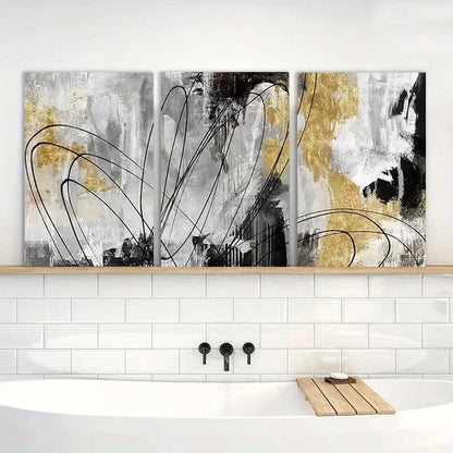3pcs Painting Golden Wall Art Abstract Metal Print Ready to Hang Art - Bella Home Decor