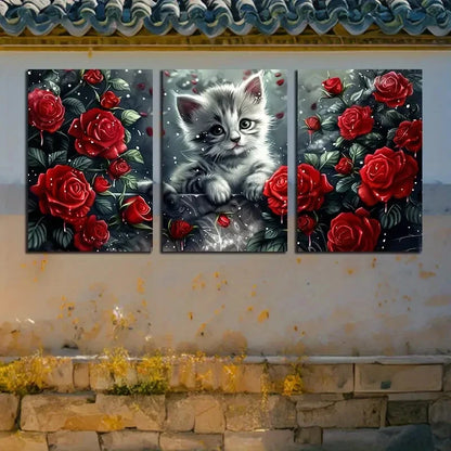 3pcs Charming Cat in Rose Garden Metal Print Ready to Hang Art - Bella Home Decor