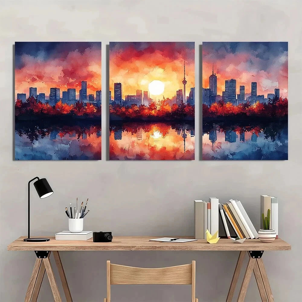 3pcs Tokyo Skyline Inspired Oil Painting Metal Print Ready to Hang Art - Bella Home Decor
