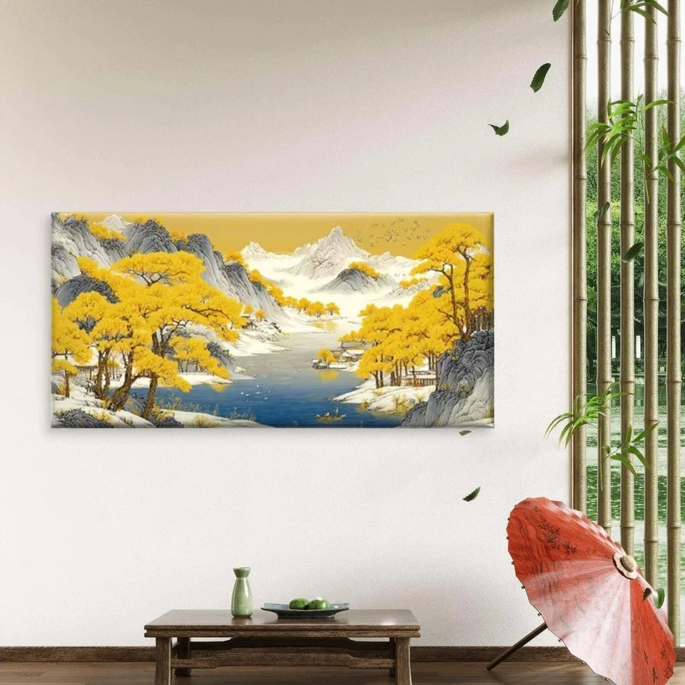 Yellow Trees & Snowy Mountains Wall Art Canvas Office Home Room Framed 120x60cm