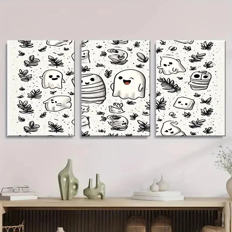 3pcs Cute Cartoon Ghosts Wall Art Set Canvas Framed 50x70cm - High Quality Print 100% Australian Made Wall Canvas Ready to Hang - Bella Home Decor
