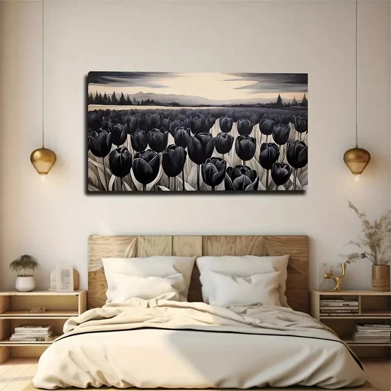 Black Tulip Modern Art Deco Wall Art Canvas Office Home Room Framed 120x60cm