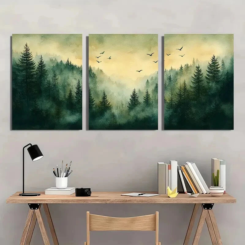 3pcs Pine Tree Forest Watercolor Landscape Art Metal Print Ready to Hang Art - Bella Home Decor