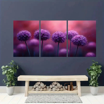 3pcs Vibrant Purple Allium Flower Decor Metal Print Ready to Hang Art - Bella Home Decor