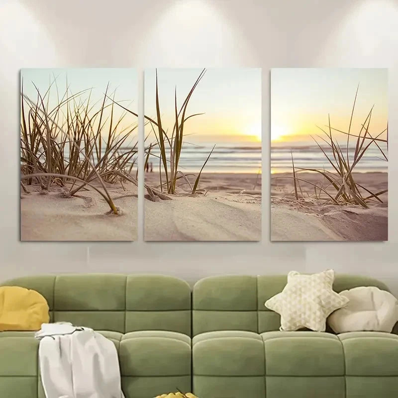 3pcs Serene Ocean and Sand Dunes Scene Metal Print Ready to Hang Art