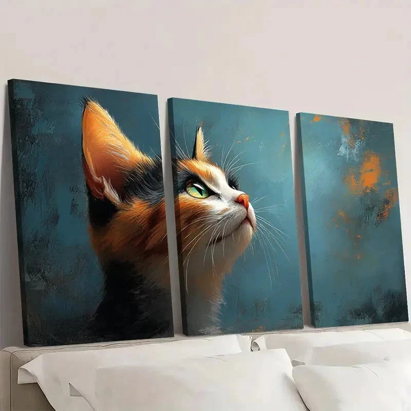 3pcs Vintage Calico Cat  Animal  SAC    Wall Art Set Canvas Framed 50x70cm - High Quality Print 100% Australian Made Wall Canvas Ready to Hang