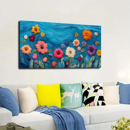 Colorful floral artwork on a wall above a white sofa with decorative pillows.