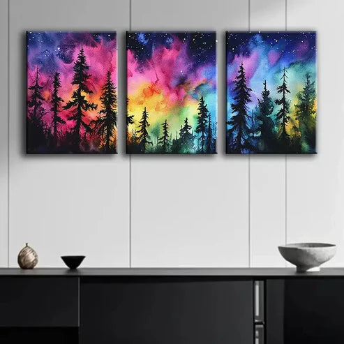 3pcs Colorful Night Sky Forest Painting Perfect Wall Art Set Canvas Unframed - High Quality Print 100% Australian Made Wall Canvas - Bella Home Decor