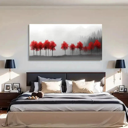 Mystical Foggy Forest Red Tree Wall Art Canvas Office Home Room Framed 120x60cm - Bella Home Decor