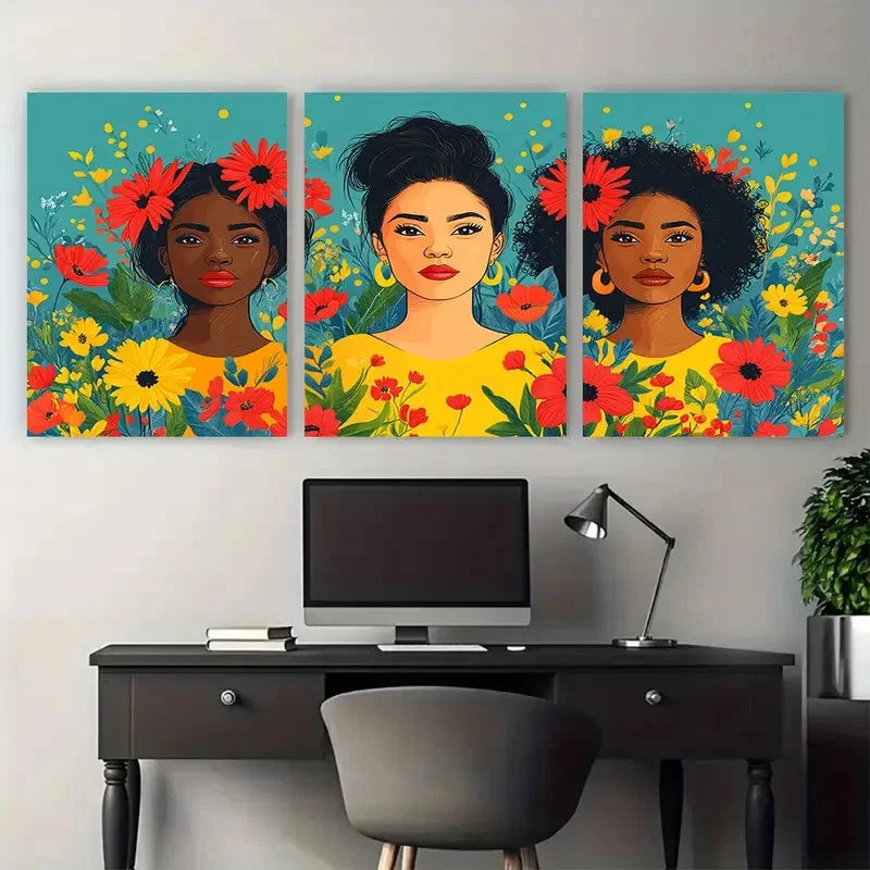 3pcs Empowering Feminist Activist with Florals Metal Print Ready to Hang Art - Bella Home Decor