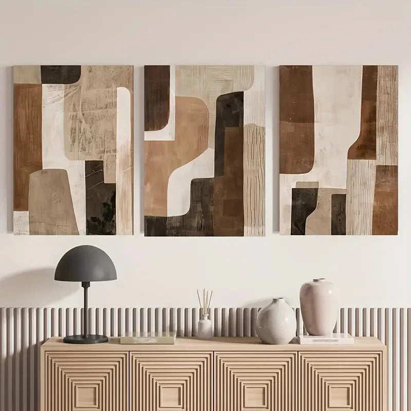3pcs Abstract Brown and Beige Neutral Paintings Metal Print Ready to Hang Art - Bella Home Decor