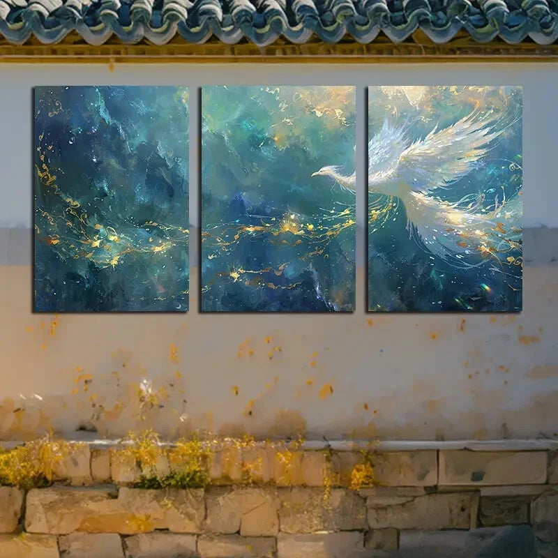 3pcs Phoenix with Golden Accent Design Metal Print Ready to Hang Art - Bella Home Decor