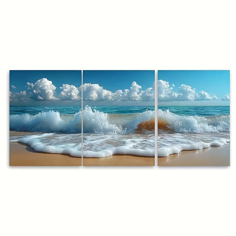 3pcs Foamy Sea Waves Marine Metal Print Ready to Hang Art - Bella Home Decor