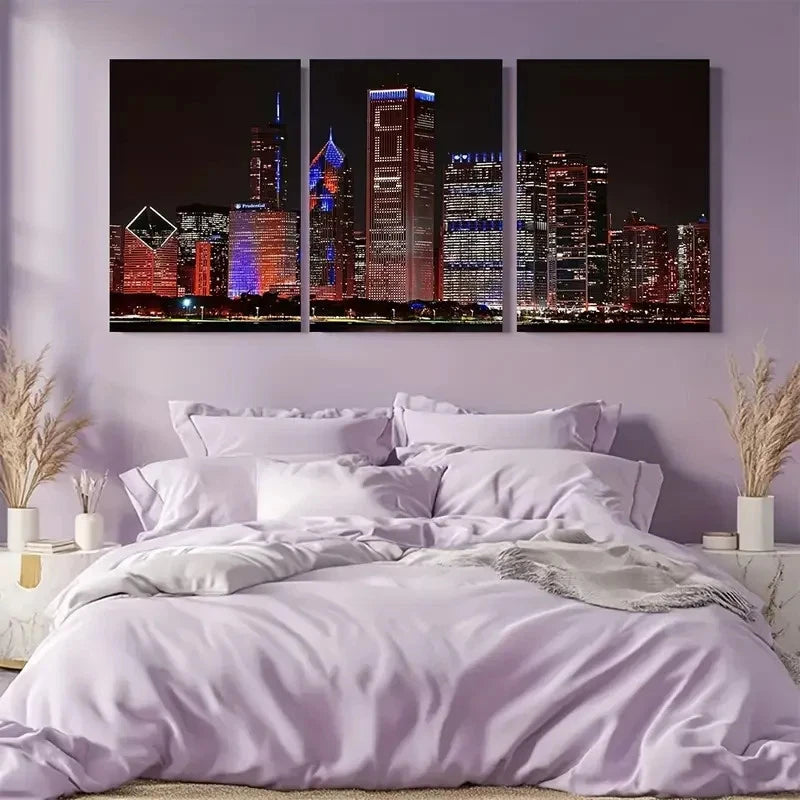 3pcs Chicago Skyline Nighttime Metal Print Ready to Hang Art - Bella Home Decor