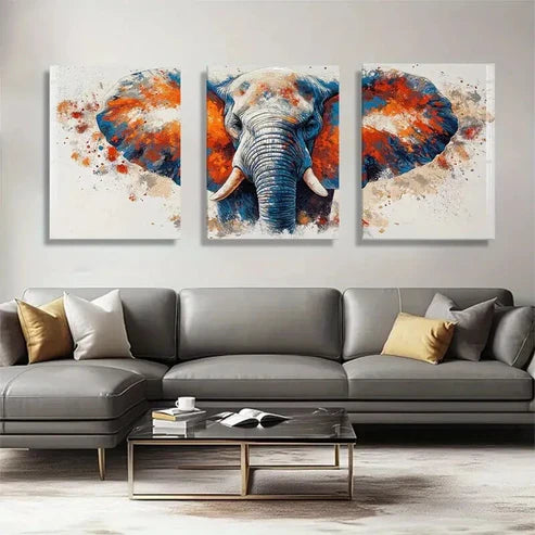 3pcs Vibrant Orange & Blue Elephant Wall Art Set Canvas Unframed - High Quality Print 100% Australian Made Wall Canvas