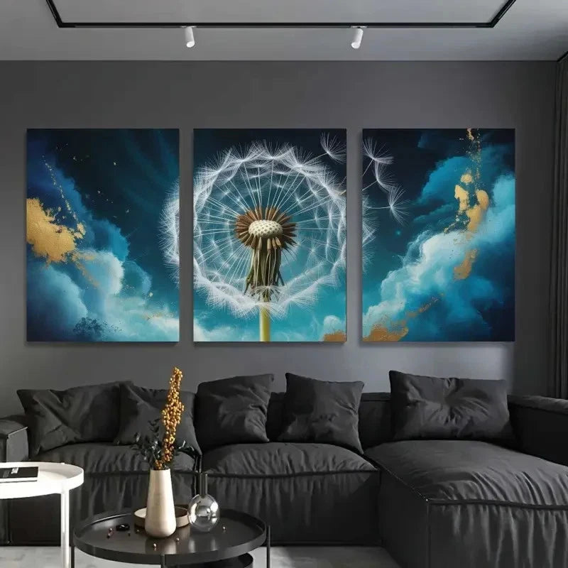 3pcs Dandelion Blue Abstract Decorations Painting Metal Print Ready to Hang Art - Bella Home Decor