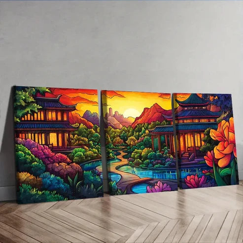 3pcs Colorful Ancient Chinese Buildings Wall Art Set Canvas Unframed - High Quality Print 100% Australian Made Wall Canvas - Bella Home Decor