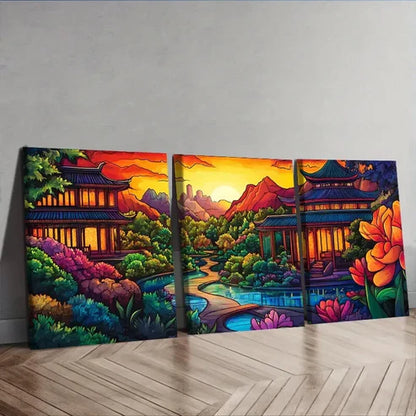 3pcs Colorful Ancient Chinese Buildings Wall Art Set Canvas Unframed - High Quality Print 100% Australian Made Wall Canvas - Bella Home Decor