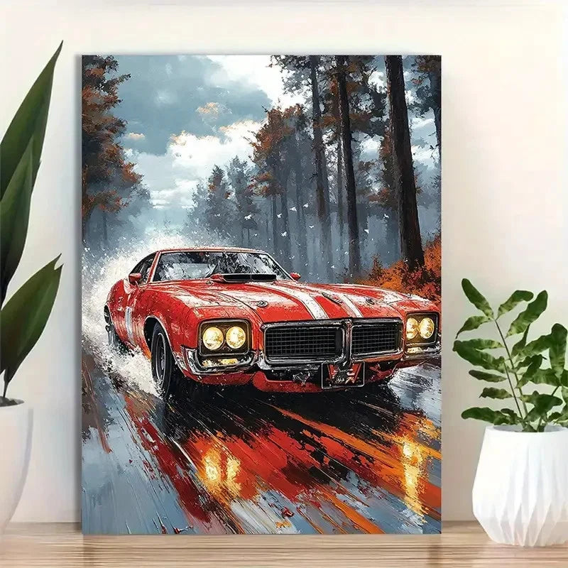 Beautiful Red Classic Muscle Car Racing Painting 40x60cm Metal Print Ready to Hang
