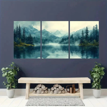 3pcs Mountain Lake Landscape Watercolor Painting Metal Print Ready to Hang Art - Bella Home Decor