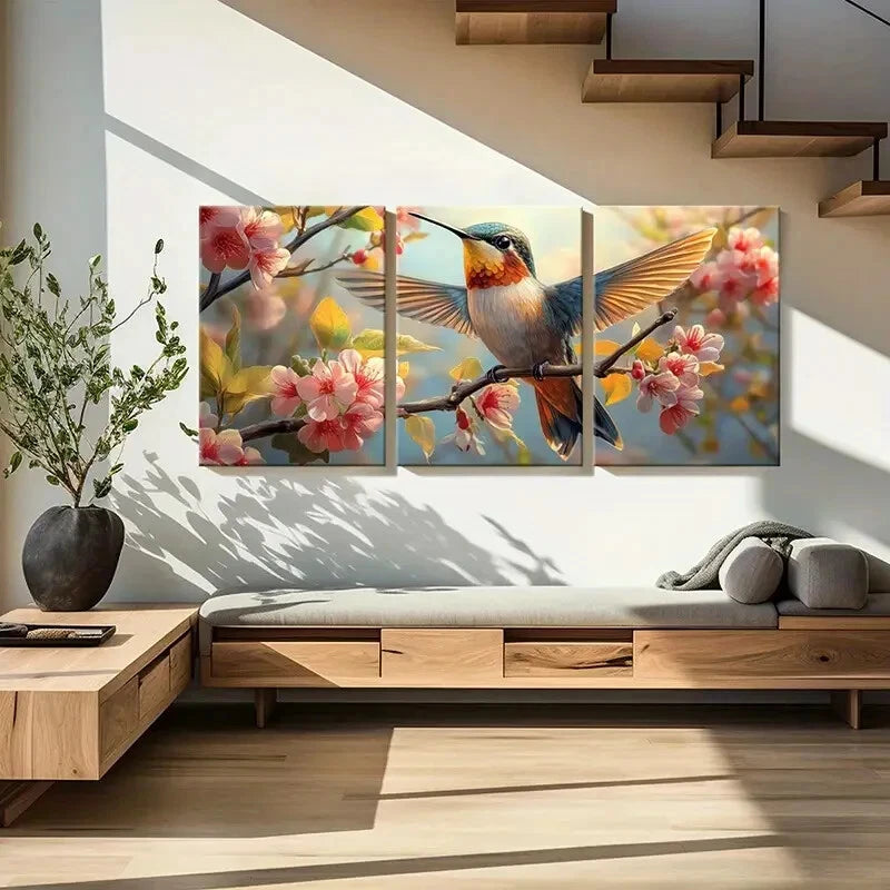 3pcs Hummingbird Blossoms Springtime Animal Metal Print Ready to Hang Art - Bella Home Decor