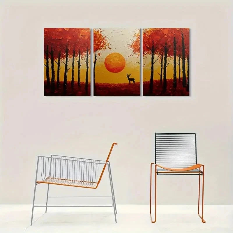 3pcs Autumn Forest Sunset Deer Pattern Metal Print Ready to Hang Art - Bella Home Decor
