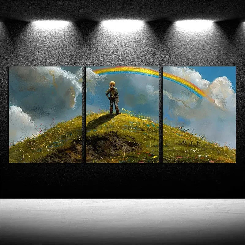 3pcs Girl on A Distant Hill, Gazing At The Rainbow Metal Print Ready to Hang Art