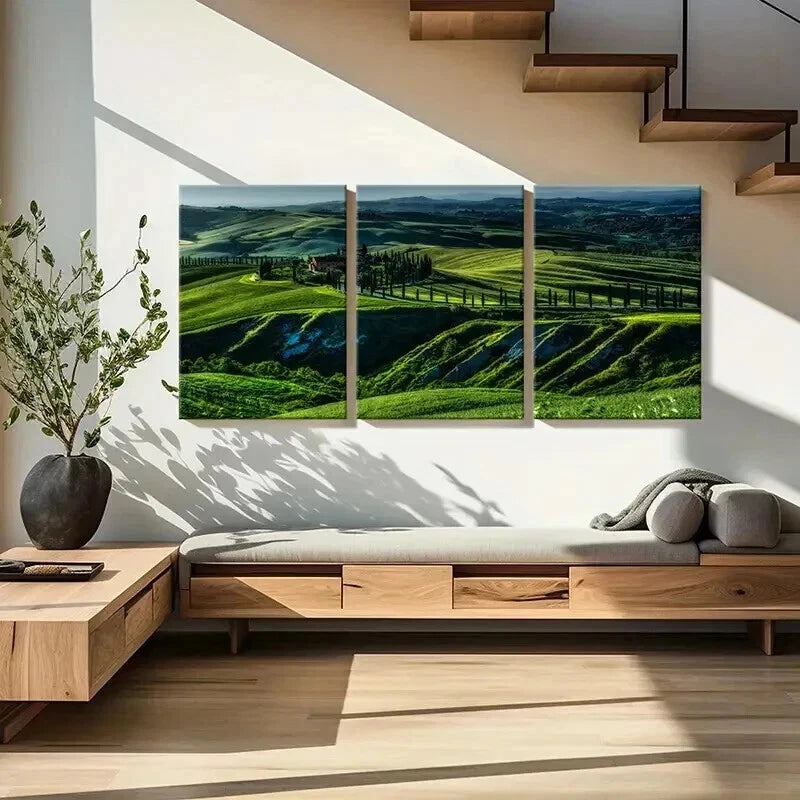 3pcs Natural Green Hills Grasslands Mountains Wall Art Set Canvas Framed 60x90cm - High Quality Print 100% Australian Made Wall Canvas Ready to Hang - Bella Home Decor