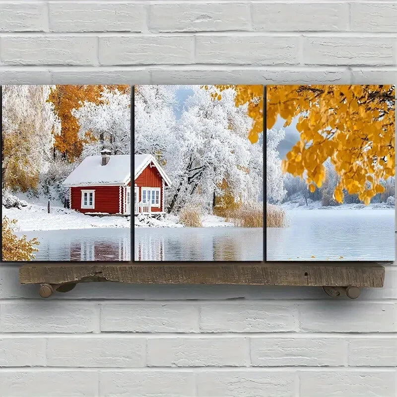 3pcs A House in The Snow Yellow Leaves Metal Print Ready to Hang Art - Bella Home Decor