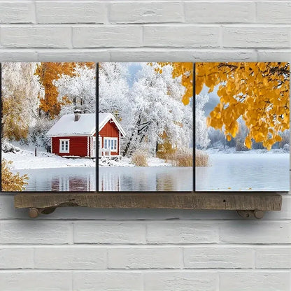 3pcs A House in The Snow Yellow Leaves Metal Print Ready to Hang Art - Bella Home Decor