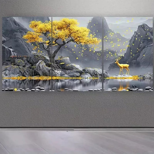 3pcs Gray Background with a Yellow Tree and Deer Wall Art Set Canvas Framed 50x70cm - High Quality Print 100% Australian Made Wall Canvas Ready to Hang