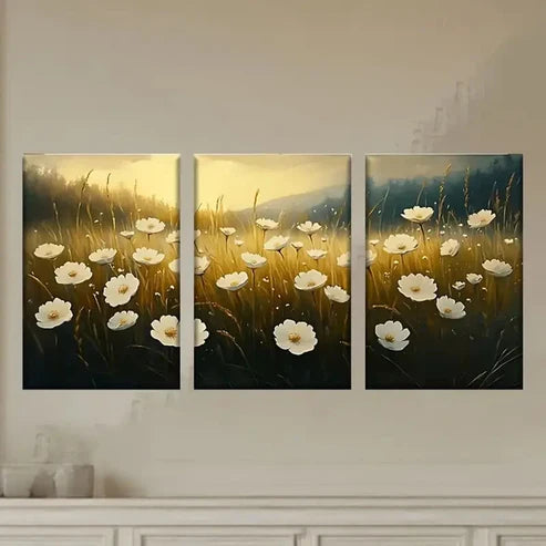 3pcs a Painting of White Flowers in a Field Wall Art Set Canvas Unframed - High Quality Print 100% Australian Made Wall Canvas - Bella Home Decor