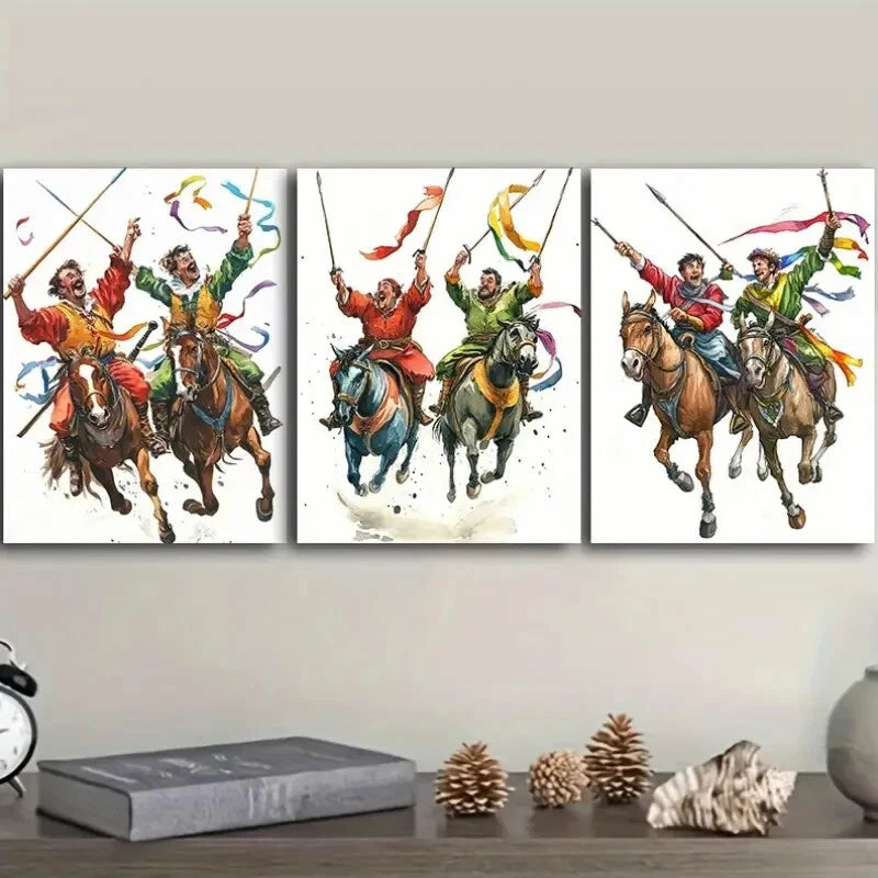 3pcs Dynamic Horseback Warrior Scene Wall Art Canvas Wall Art Set Canvas Framed 50x70cm - High Quality Print 100% Australian Made Wall Canvas Ready to Hang