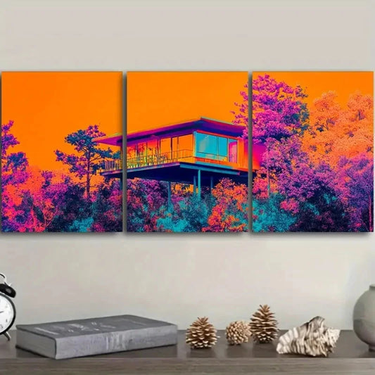 3pcs Surrounded by Trees, Art Deco Metal Print Ready to Hang Art