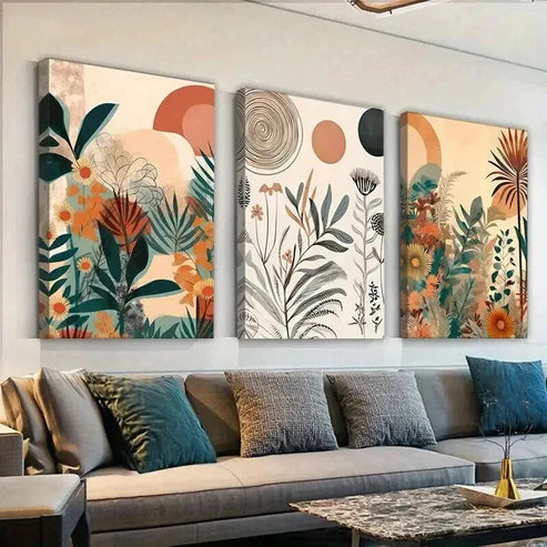 3pcs Bohemian Sun Leaves and Flowers Art Set Canvas Unframed - High Quality Print 100% Australian Made Wall Canvas - Bella Home Decor