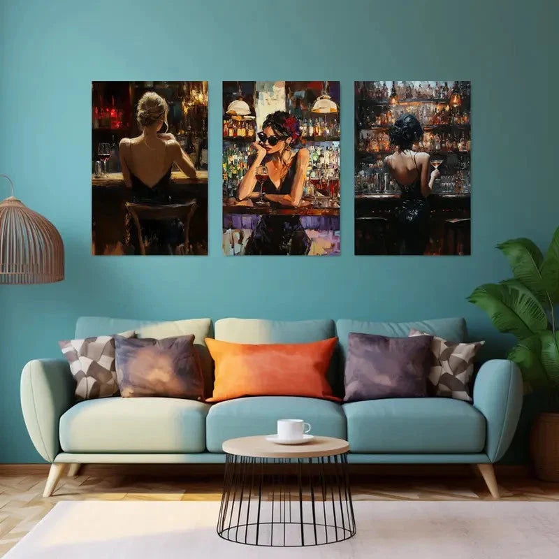 3pcs Stylish Women at the Bar Metal Print Ready to Hang Art