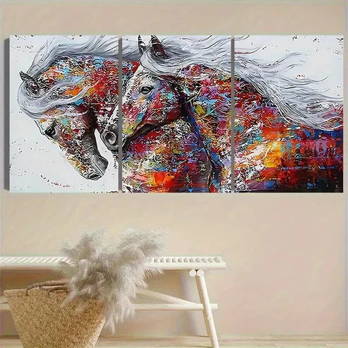3pcs Colorful Horse Painting Vintage Wall Art Canvas Unframed - High Quality Print 100% Australian Made Wall Canvas - Bella Home Decor