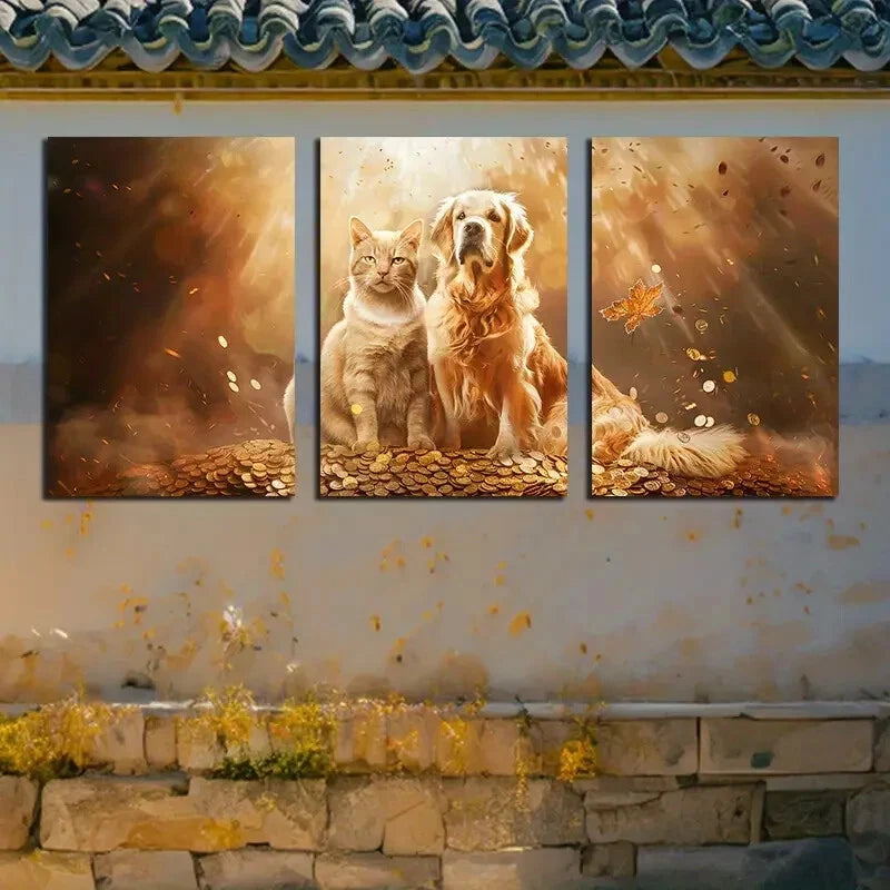 3pcs Cats and Dogs Dozing on A Pile of Golden Metal Print Ready to Hang Art