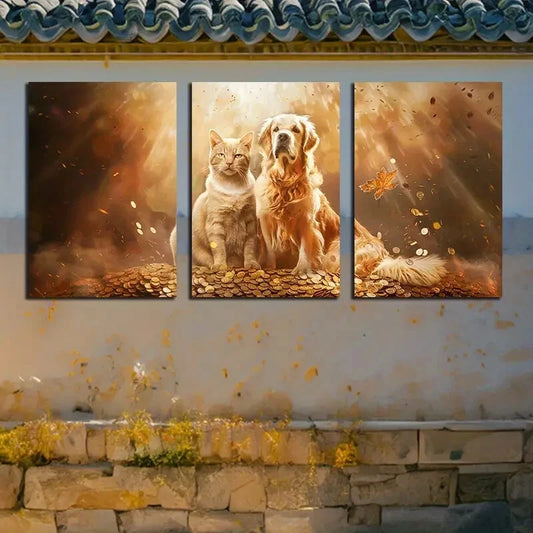 3pcs Cats and Dogs Dozing on A Pile of Golden Metal Print Ready to Hang Art