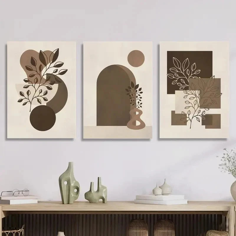 3pcs Geometric Shapes Botanical Leaves Metal Print Ready to Hang Art - Bella Home Decor