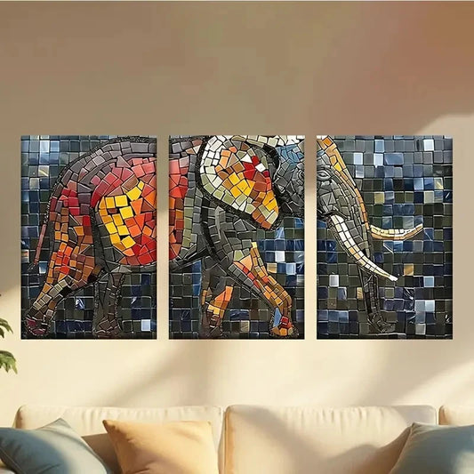 3pcs Mosaic Elephant Wall Art Set Canvas Framed 60x90cm - High Quality Print 100% Australian Made Wall Canvas Ready to Hang