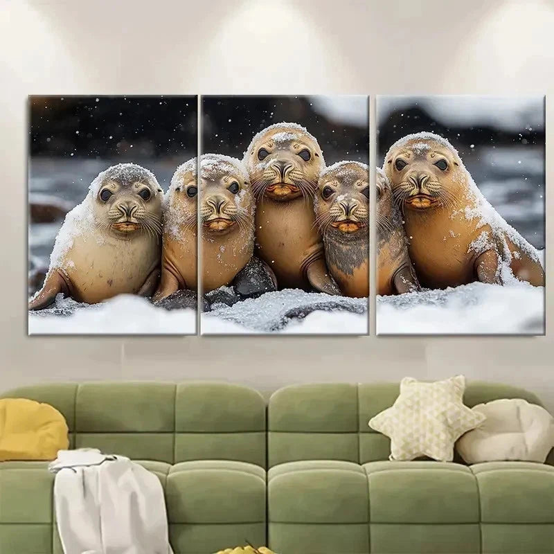 3pcs Sea Lion Huddle Canvas QI  Wall Art Set Canvas1 Framed 40x60cm - High Quality Print 100% Australian Made Wall Canvas Ready to Hang