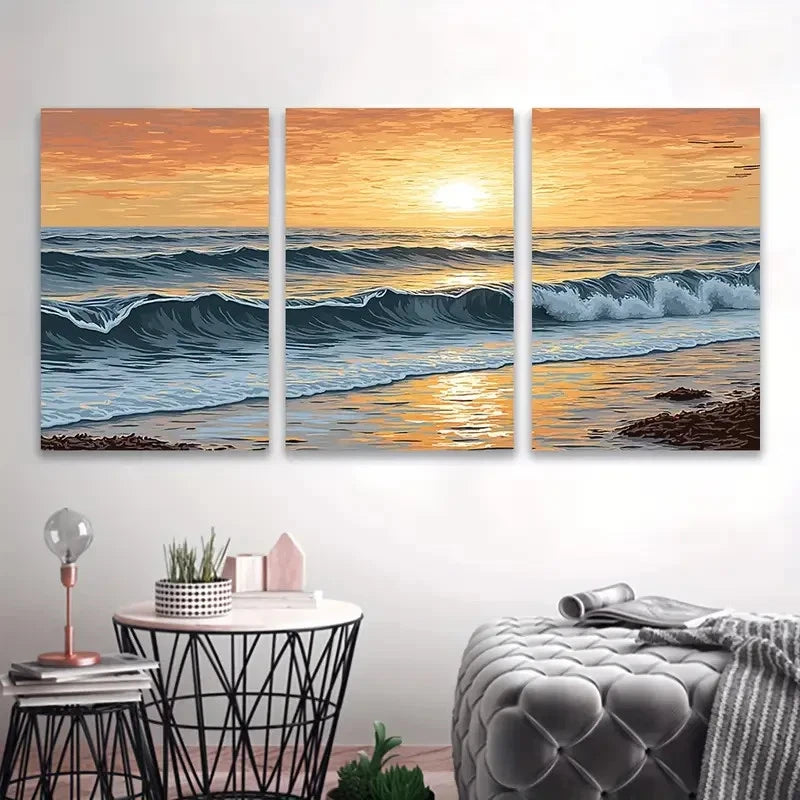 3pcs Sunset Beach Scene Wall Art Set Canvas Framed 60x90cm - High Quality Print 100% Australian Made Wall Canvas Ready to Hang