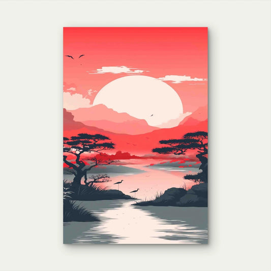 Red Landscape With Mountain Lake With Sunset 60x90 cm Metal Print Ready to Hang