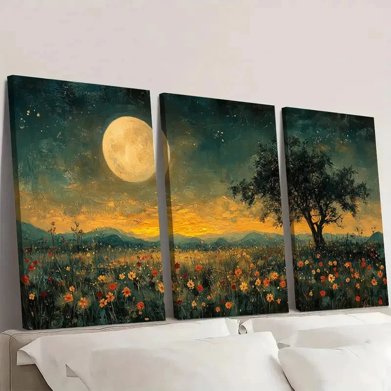 3pcs Moonlit Meadow Wildflower MW    Wall Art Set Canvas Framed 60x90cm - High Quality Print 100% Australian Made Wall Canvas Ready to Hang