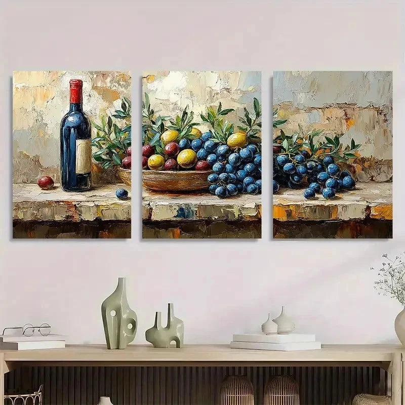 3pcs Kitchen Still Life Impasto Olives Perfect Wall Art Set Canvas Framed 50x70cm - High Quality Print 100% Australian Made Wall Canvas Ready to Hang