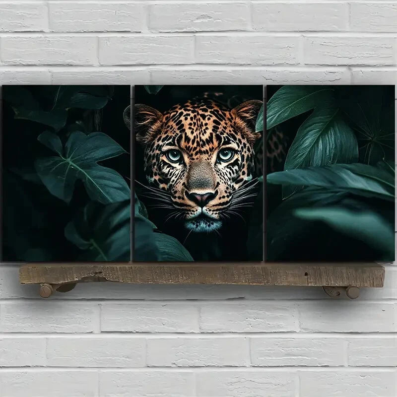 3pcs Leopard in Lush Green Leaves Metal Print Ready to Hang Art - Bella Home Decor