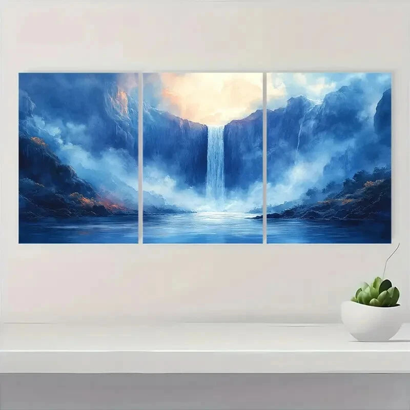 3pcs Vibrant Blue & Golden Sunset Landscape Metal Print Ready to Hang Art - Bella Home Decor